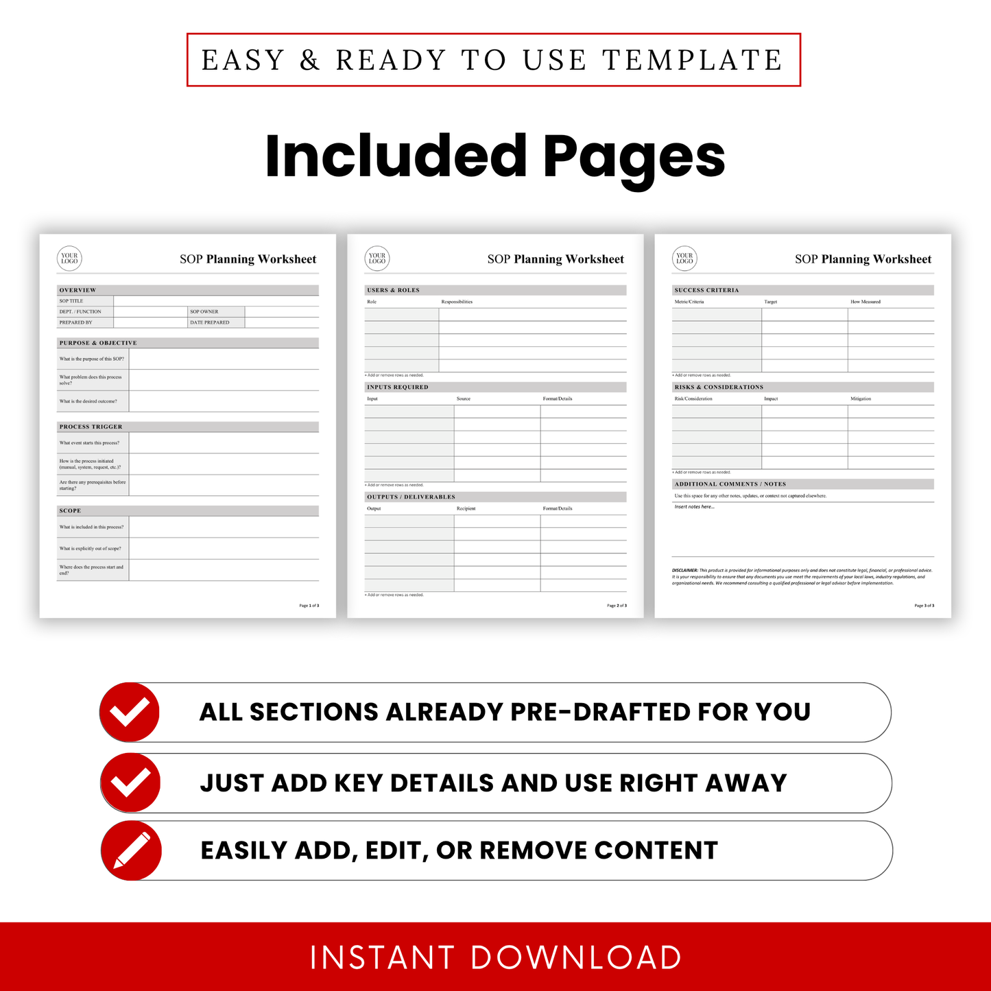 SOP planning worksheet pages preview showing overview, roles, inputs, outputs, and success criteria sections for business process documentation template
