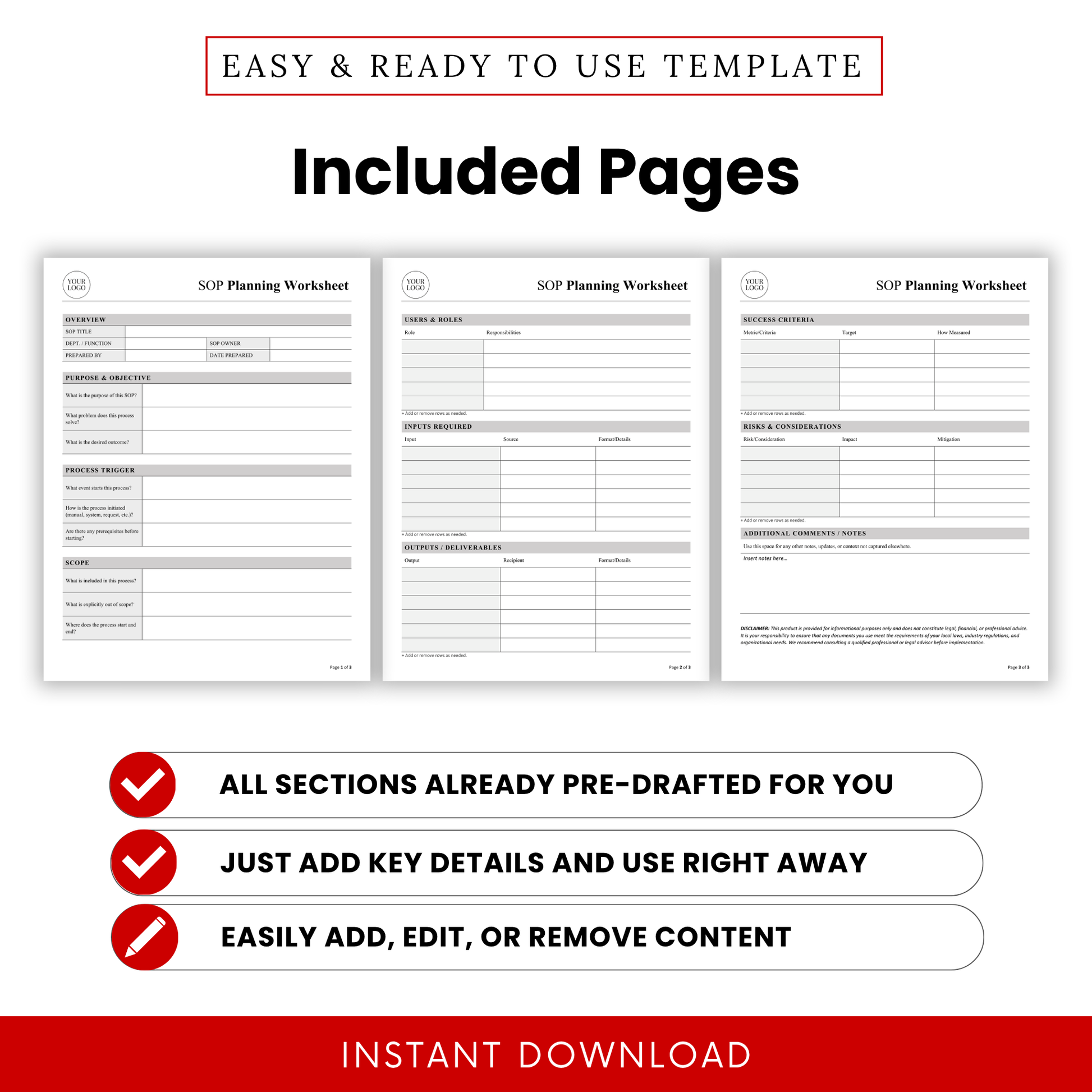 SOP planning worksheet pages preview showing overview, roles, inputs, outputs, and success criteria sections for business process documentation template