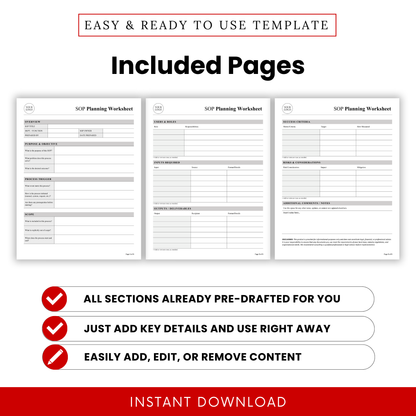 SOP planning worksheet pages preview showing overview, roles, inputs, outputs, and success criteria sections for business process documentation template