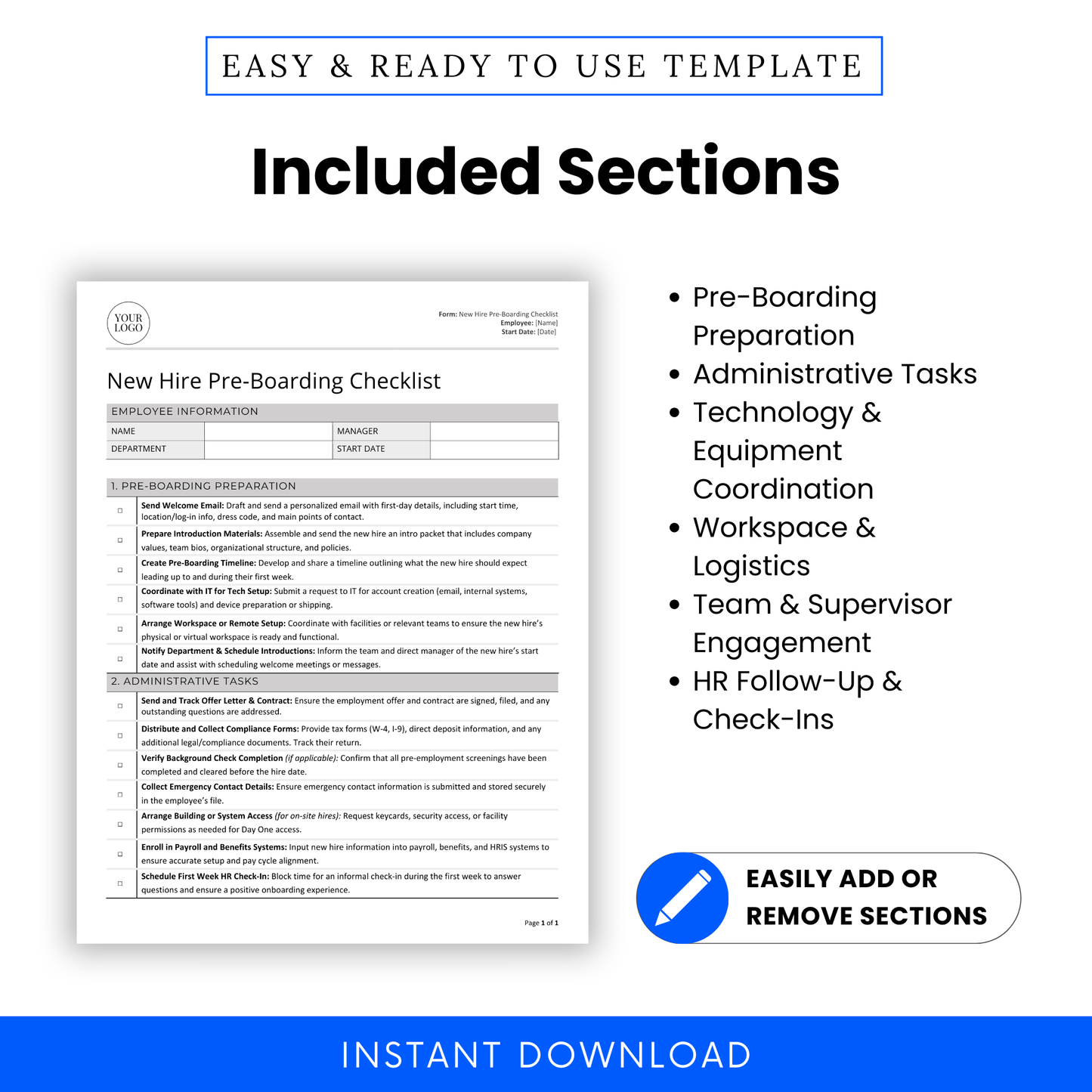 New Hire Pre-Boarding Checklist Template with included sections shown – pre-boarding preparation, administrative tasks, technology and equipment coordination, workspace setup, team engagement, and HR follow-ups. Fully editable onboarding checklist for HR and small business use. Available in Microsoft Word and PDF formats. Easily add or remove sections to customize for your organization. Instant digital download designed for human resources teams, recruiters, and onboarding coordinators.