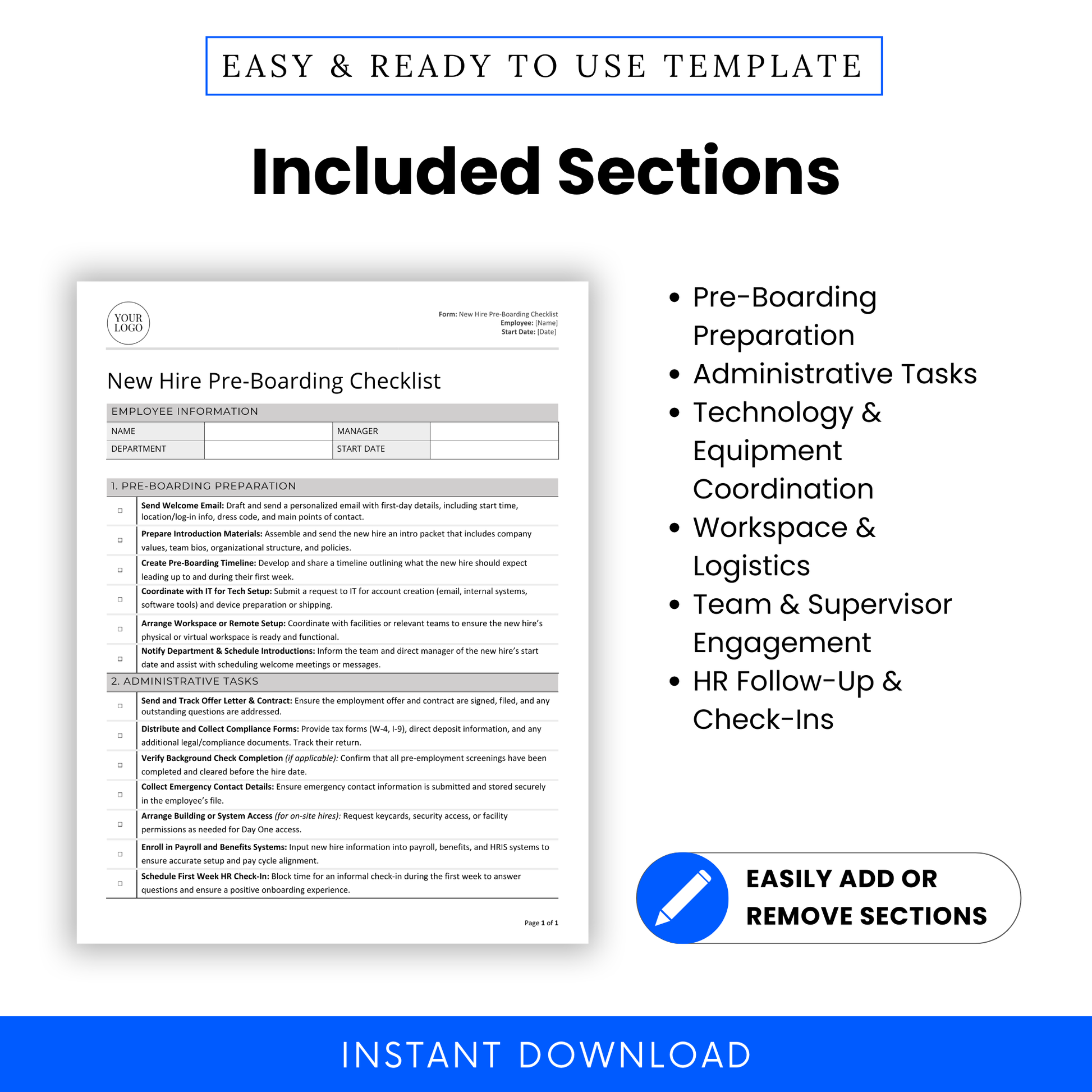 New Hire Pre-Boarding Checklist Template with included sections shown – pre-boarding preparation, administrative tasks, technology and equipment coordination, workspace setup, team engagement, and HR follow-ups. Fully editable onboarding checklist for HR and small business use. Available in Microsoft Word and PDF formats. Easily add or remove sections to customize for your organization. Instant digital download designed for human resources teams, recruiters, and onboarding coordinators.