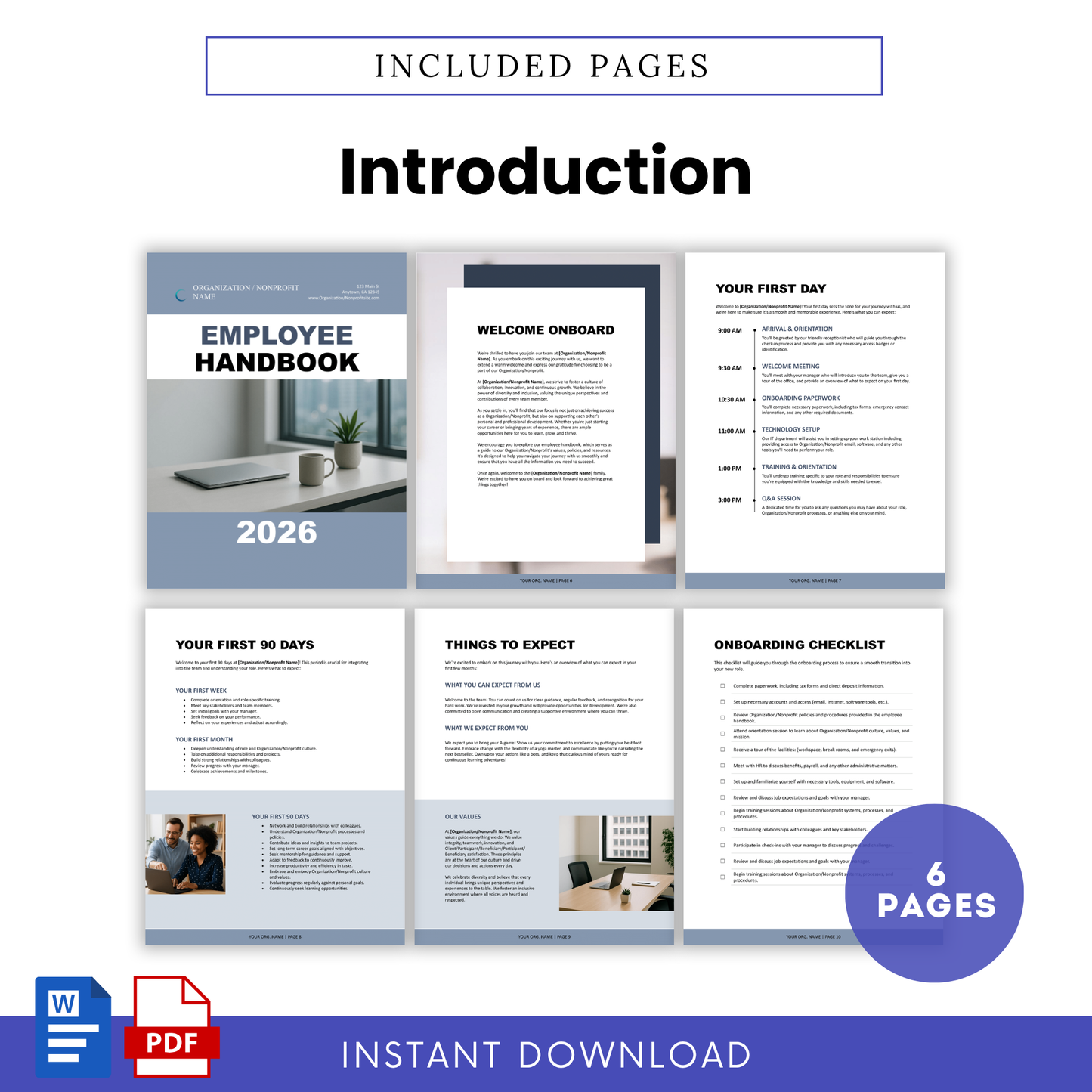 Preview of the introduction and onboarding pages, including welcome messaging, first-day guidance, and employee expectations for nonprofit teams