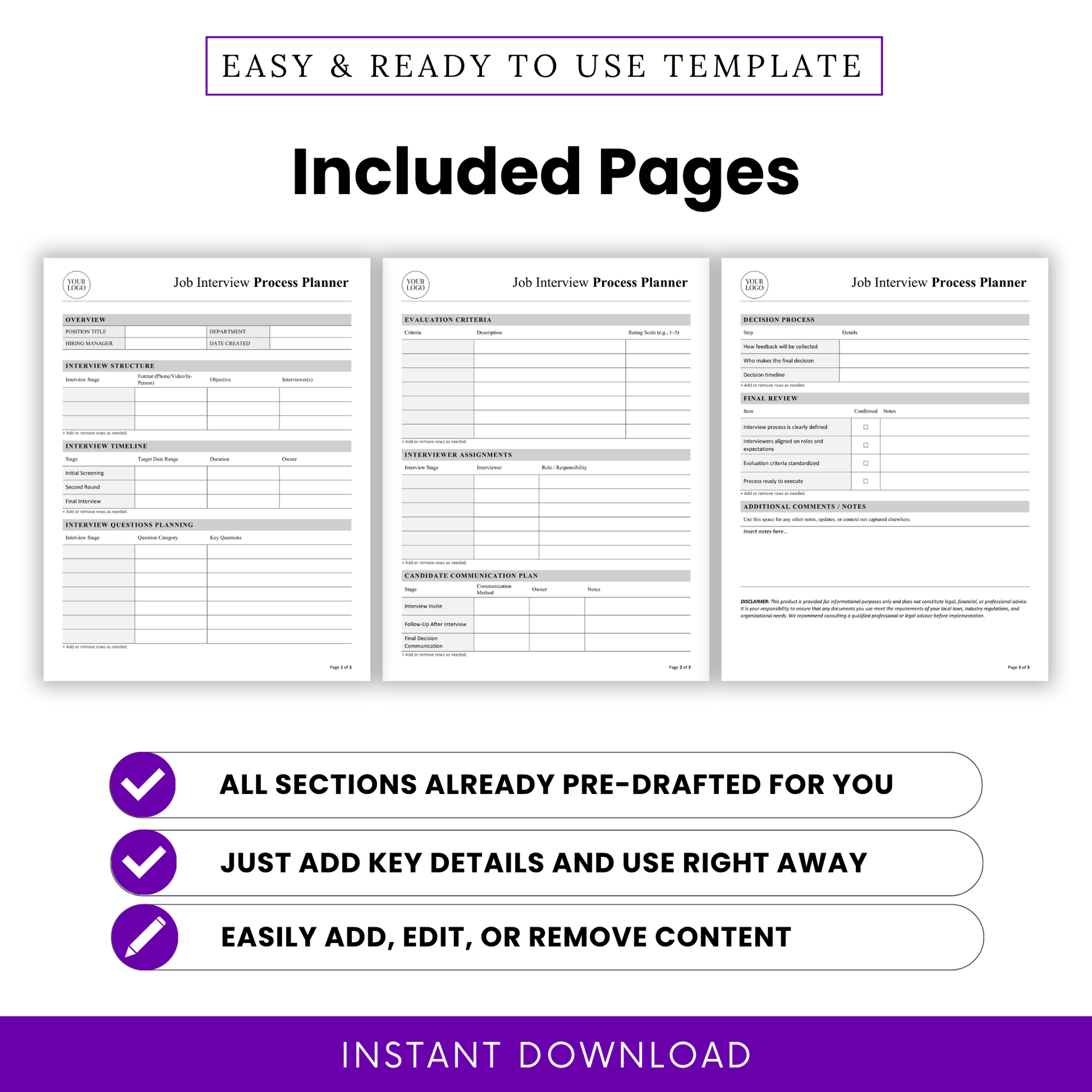 Job interview planner included pages preview showing overview, interview structure, timeline, evaluation criteria, communication plan, hiring workflow printable template