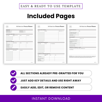 Job interview planner included pages preview showing overview, interview structure, timeline, evaluation criteria, communication plan, hiring workflow printable template