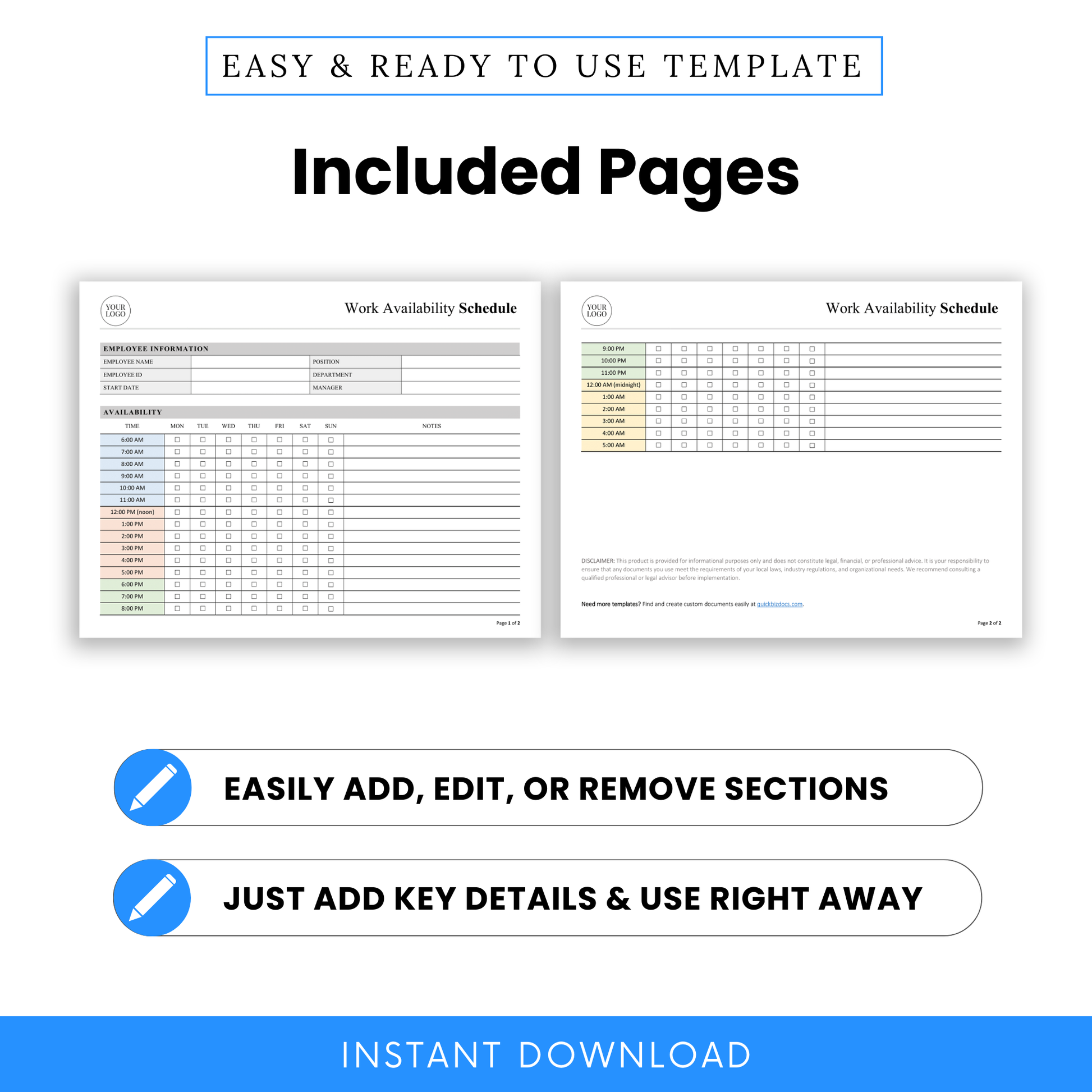 Two-page work availability schedule template preview showing hourly availability chart, employee details section, and printable scheduling sheets for business staff planning