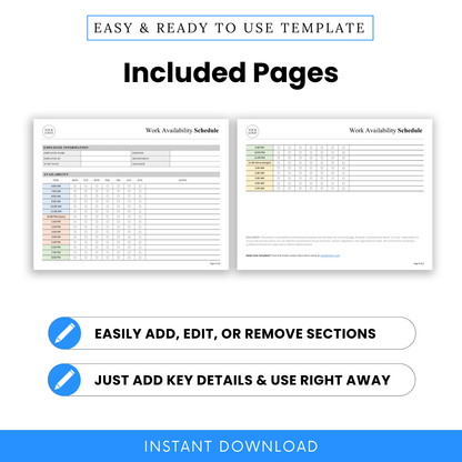 Two-page work availability schedule template preview showing hourly availability chart, employee details section, and printable scheduling sheets for business staff planning