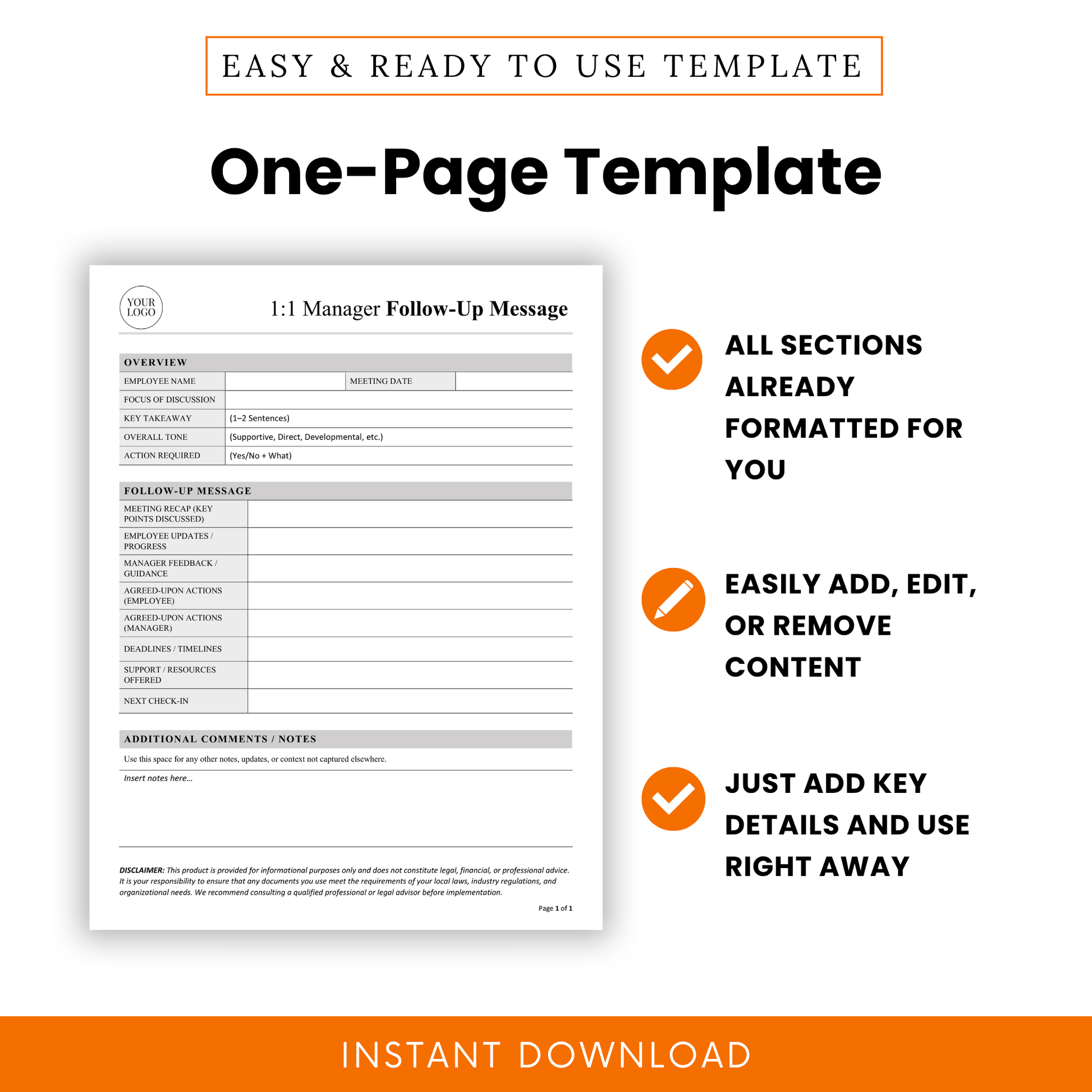 A one-page manager follow-up template with pre-formatted sections for meeting recaps, employee updates, feedback, action items, and timelines.