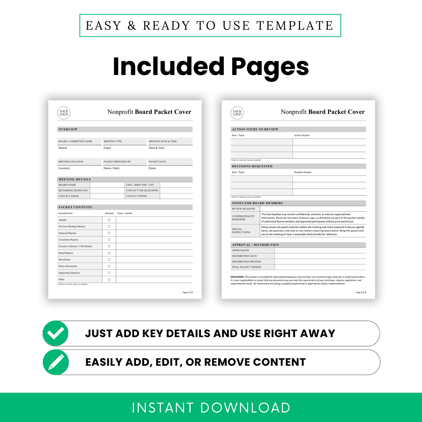 Nonprofit board packet cover template included pages preview showing a 2-page editable layout with overview, meeting details, packet contents, action items, decisions requested, notes for board members, and approval distribution sections for nonprofit meetings