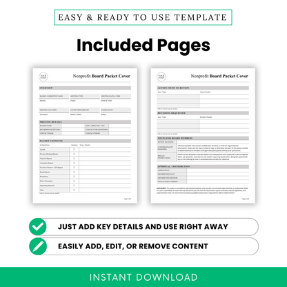 Nonprofit board packet cover template included pages preview showing a 2-page editable layout with overview, meeting details, packet contents, action items, decisions requested, notes for board members, and approval distribution sections for nonprofit meetings