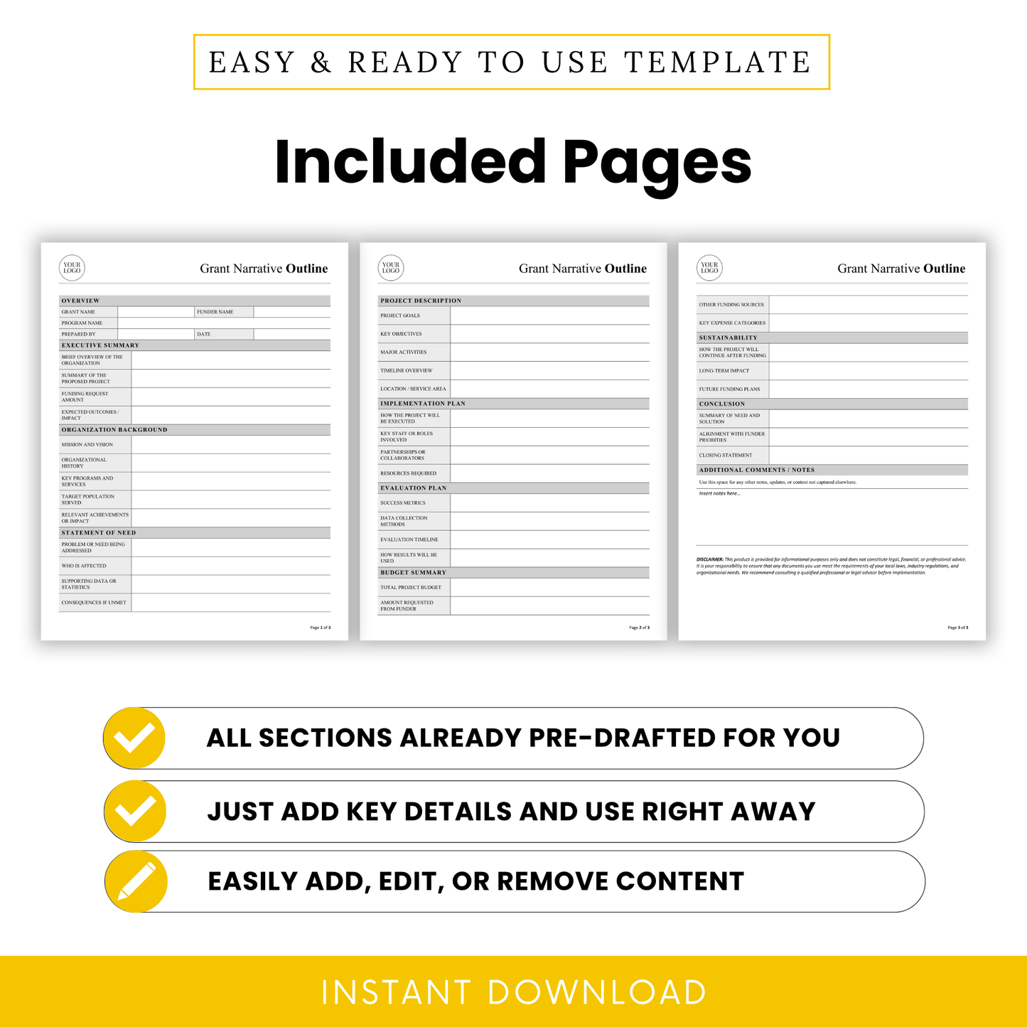 Editable Grant Narrative Outline Template Word preview showing all included pages in US Letter and A4 sizes. This printable Grant Narrative Template is ideal for nonprofit organizations and grant writers who need a complete, easy-to-use business template for proposal planning.