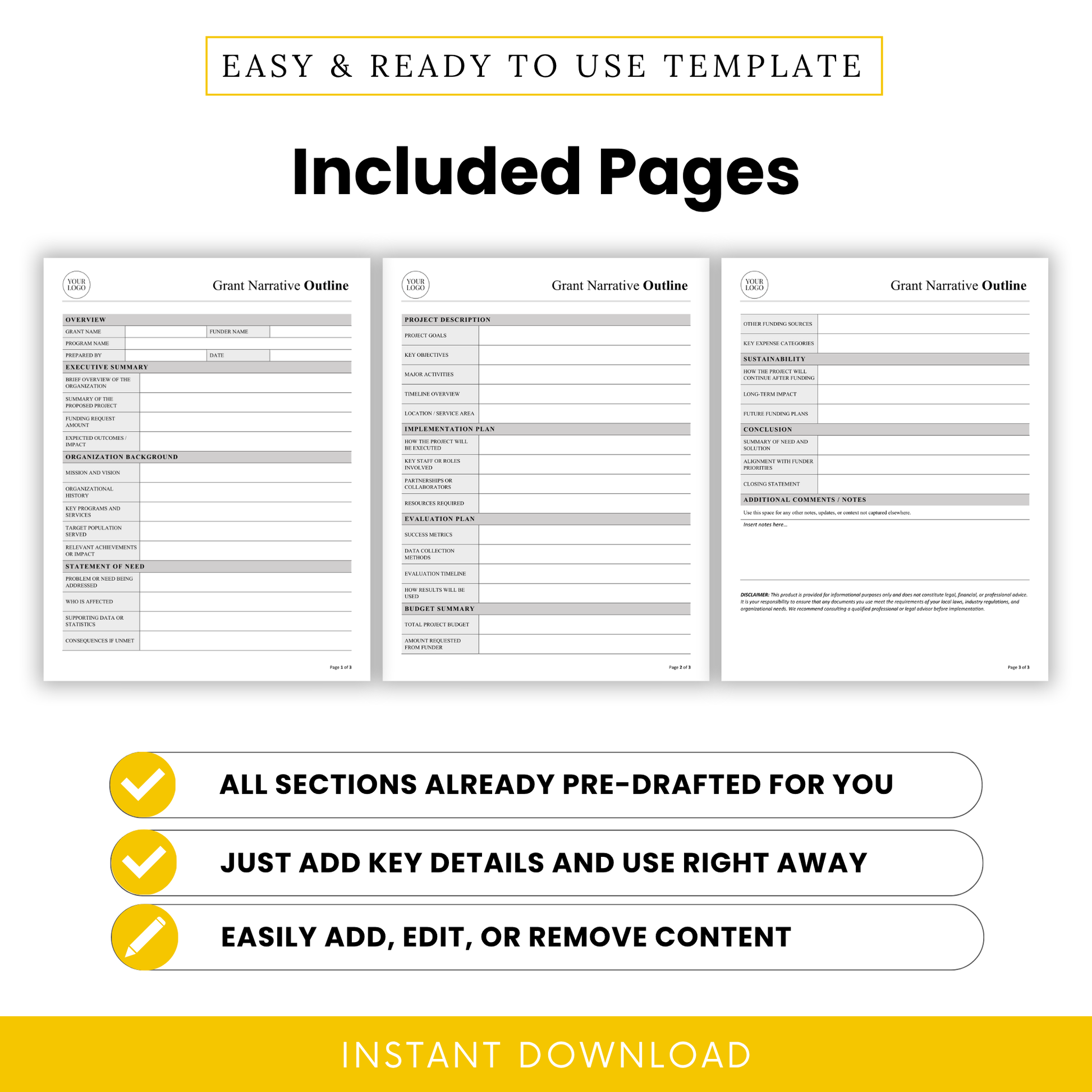 Editable Grant Narrative Outline Template Word preview showing all included pages in US Letter and A4 sizes. This printable Grant Narrative Template is ideal for nonprofit organizations and grant writers who need a complete, easy-to-use business template for proposal planning.