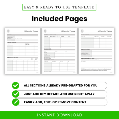 Ad Campaign Tracker Template PDF preview showing all included pages such as overview, performance tracking, and budget tracking. This printable and editable business template helps organize marketing data and streamline campaign management.