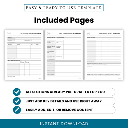 Task priority matrix worksheet pages preview including overview, task inventory, impact effort scoring, prioritization matrix, action planning printable template