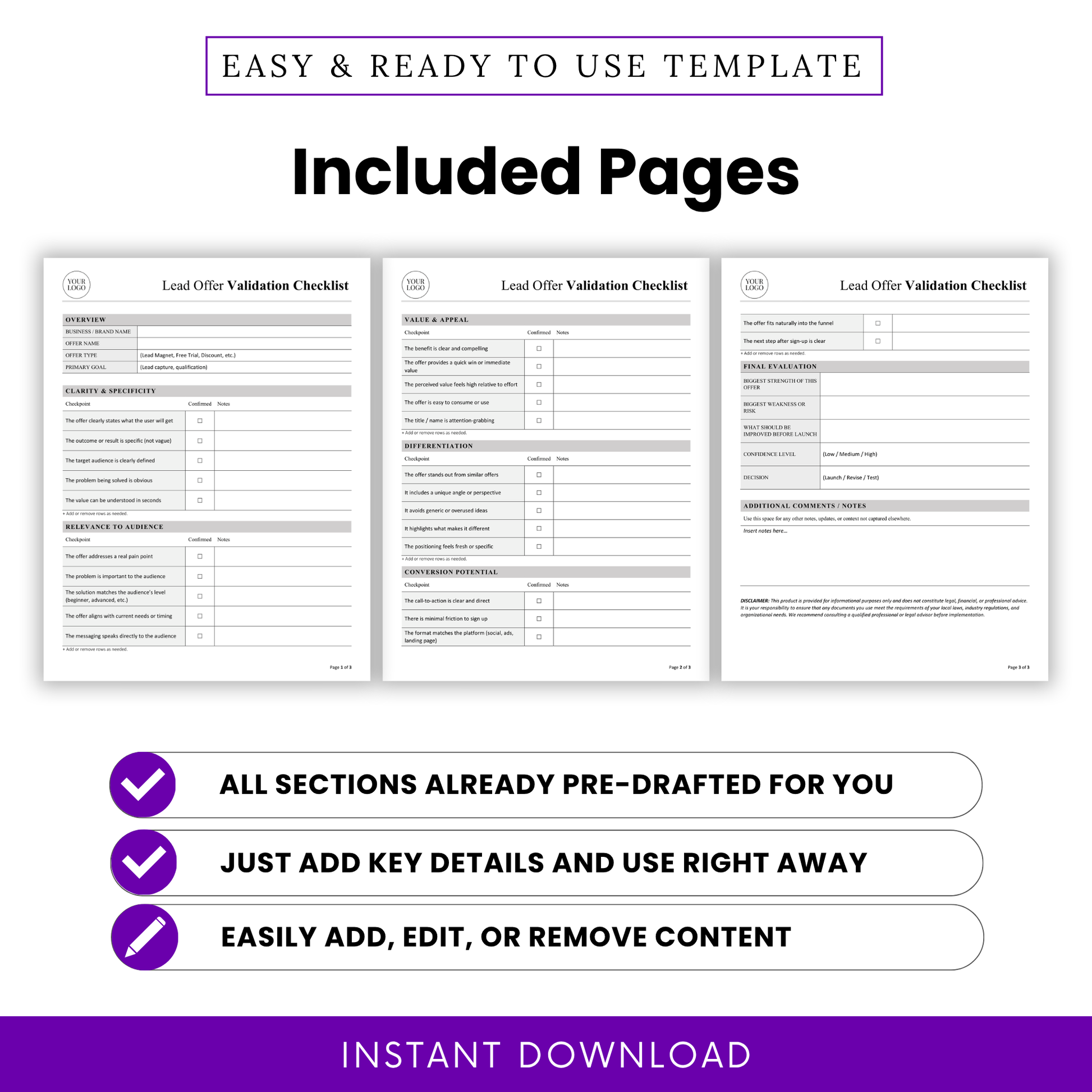 Editable Lead Offer Validation Checklist Template Word showing all included pages with structured sections and checklist layouts. This printable Lead Offer Validation Checklist Template PDF is perfect for teams, coaches, and entrepreneurs who need an organized business template for evaluating offers before launch.