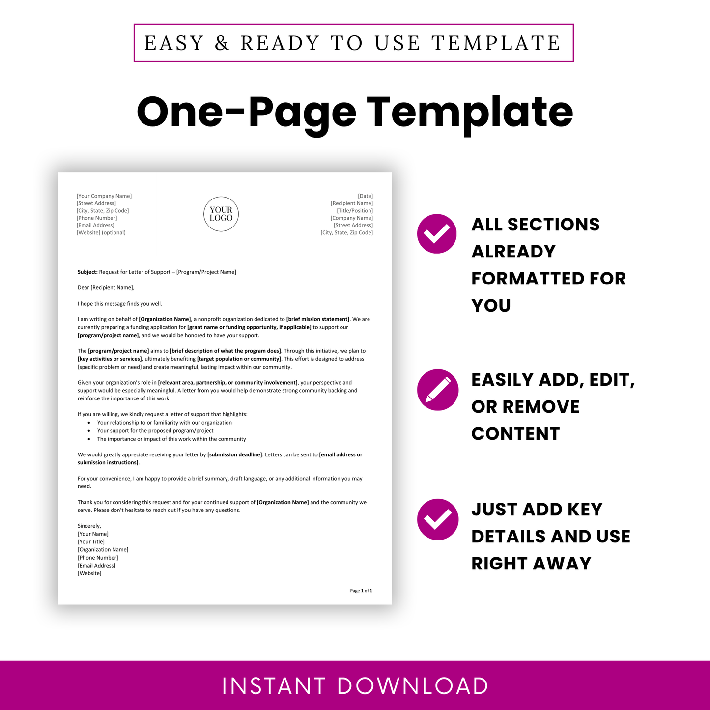 Editable Request Letter Template Word displayed as a one-page layout with clearly structured sections and easy-to-read formatting. This printable Letter of Support Template PDF is perfect for nonprofits, managers, and teams who need a professional, ready-to-use document for outreach and funding requests.