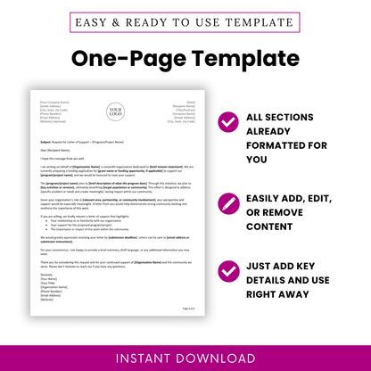 Editable Request Letter Template Word displayed as a one-page layout with clearly structured sections and easy-to-read formatting. This printable Letter of Support Template PDF is perfect for nonprofits, managers, and teams who need a professional, ready-to-use document for outreach and funding requests.