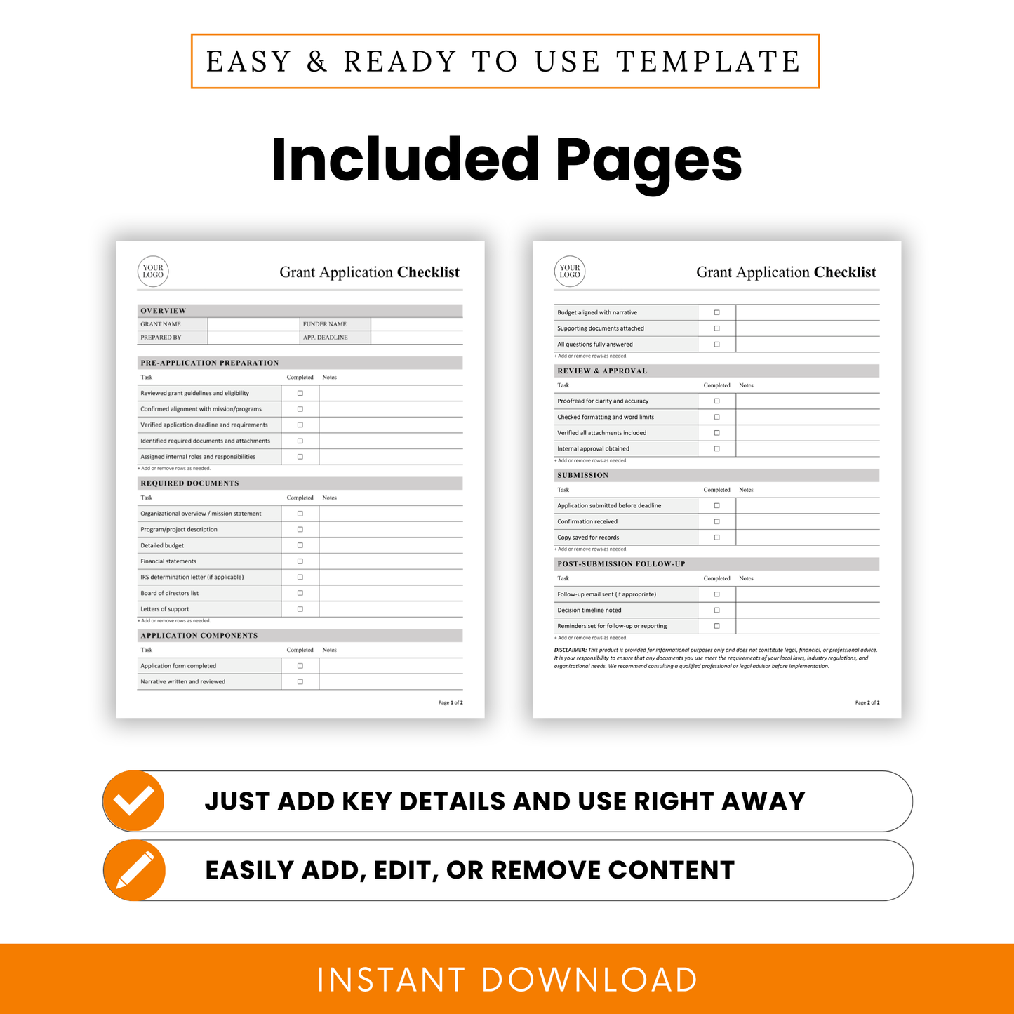 Editable Grant Application Checklist Template Word preview showing two-page layout with structured sections for grant preparation and submission tracking. This printable Grant Application Checklist Template PDF helps users manage documents, deadlines, and workflows with a clean, professional business template design.