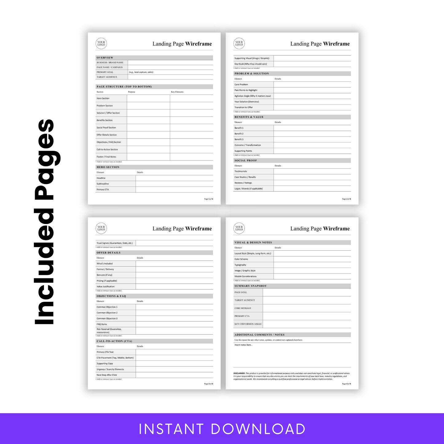 Landing Page Wireframe Template Word preview showing all included pages in a minimalist, printable layout. This Simple Landing Page Wireframe Template is designed for business owners and web designers to map out full landing page structures with clarity.