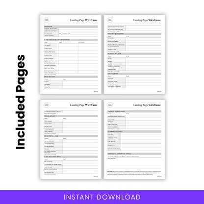 Landing Page Wireframe Template Word preview showing all included pages in a minimalist, printable layout. This Simple Landing Page Wireframe Template is designed for business owners and web designers to map out full landing page structures with clarity.