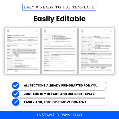 Side-by-side display of three template pages from the Employee Offboarding SOP showing editable sections for roles, terms, and procedures with drag-and-drop simplicity.