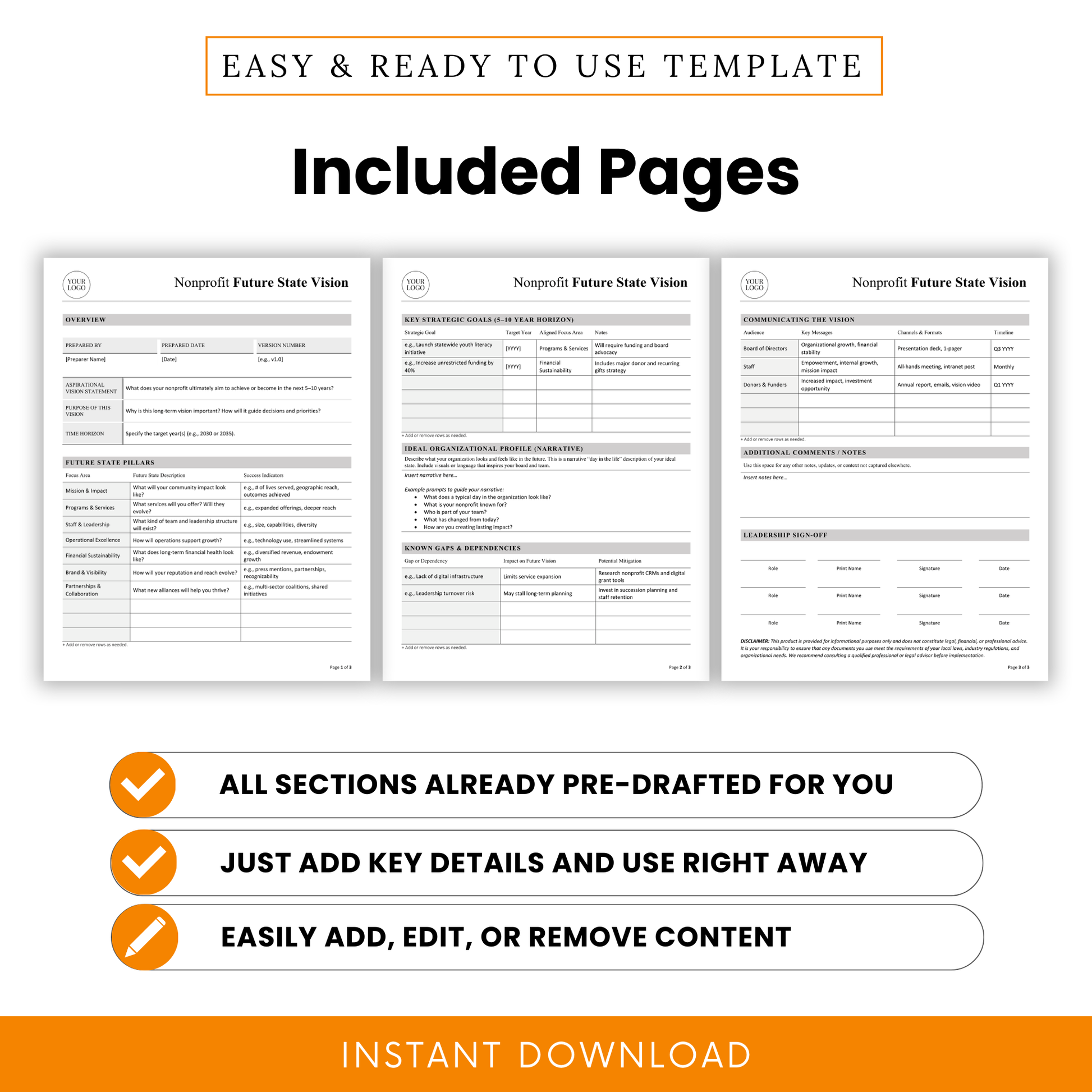 Nonprofit future state vision document pages preview showing overview sheet, strategic goals table, communication plan, and leadership sign-off in professional editable format