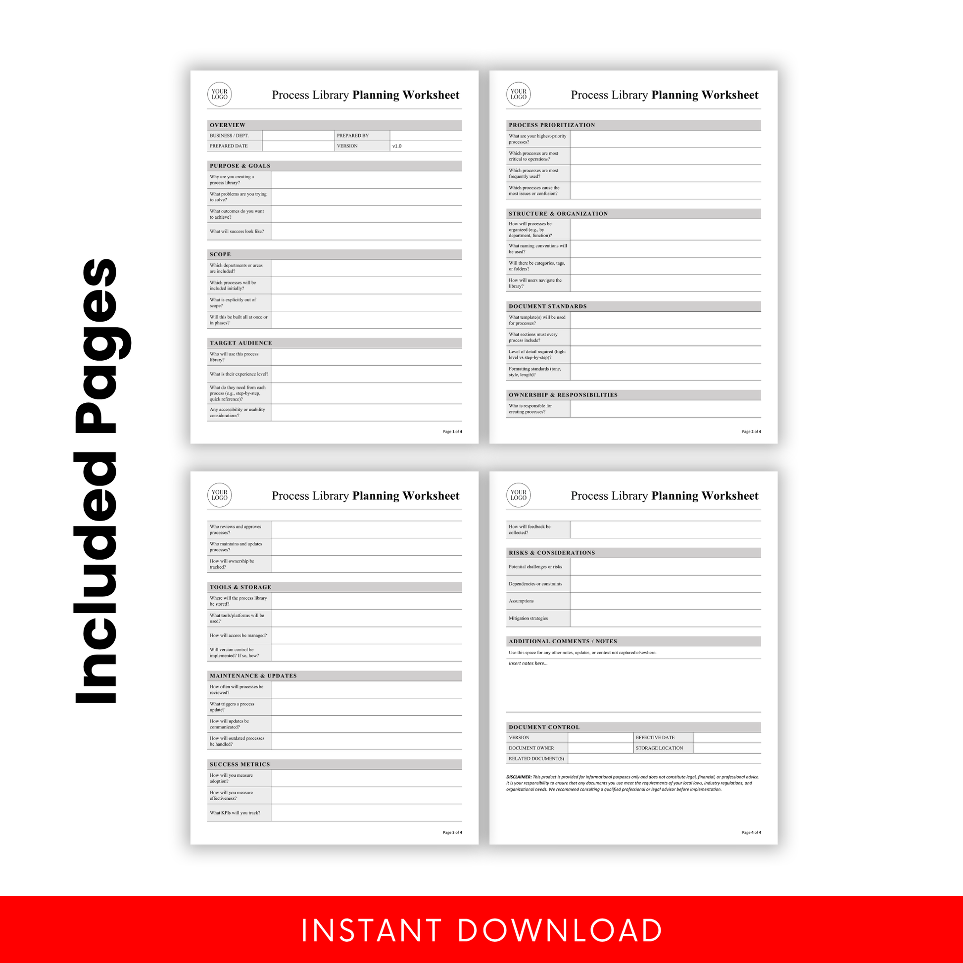 multi-page process library worksheet preview showing structured business planning pages, SOP documentation template, workflow organization sheets for operations and project management