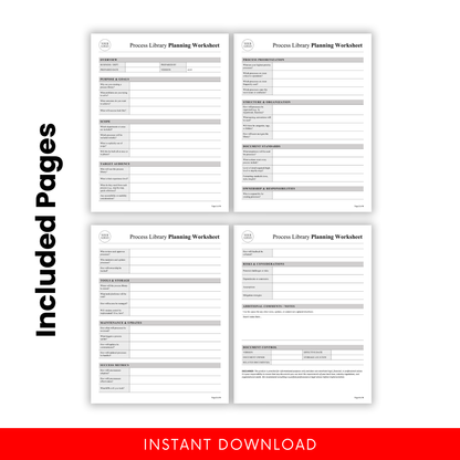 multi-page process library worksheet preview showing structured business planning pages, SOP documentation template, workflow organization sheets for operations and project management