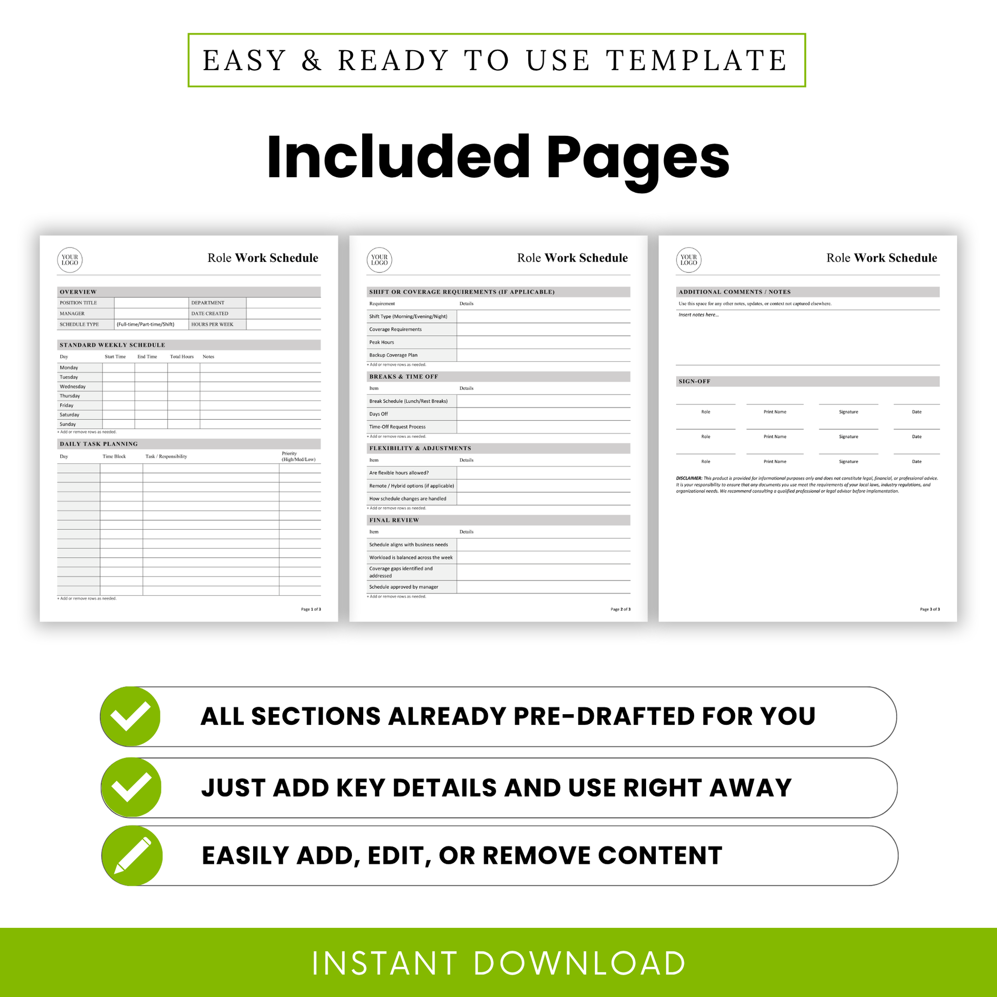 job role work schedule template pages preview, overview weekly schedule daily task planner sections, printable business document layout