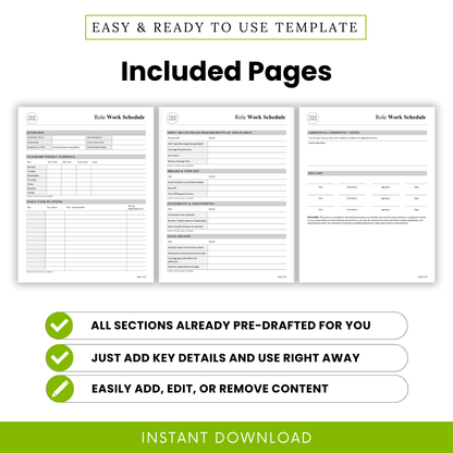 job role work schedule template pages preview, overview weekly schedule daily task planner sections, printable business document layout