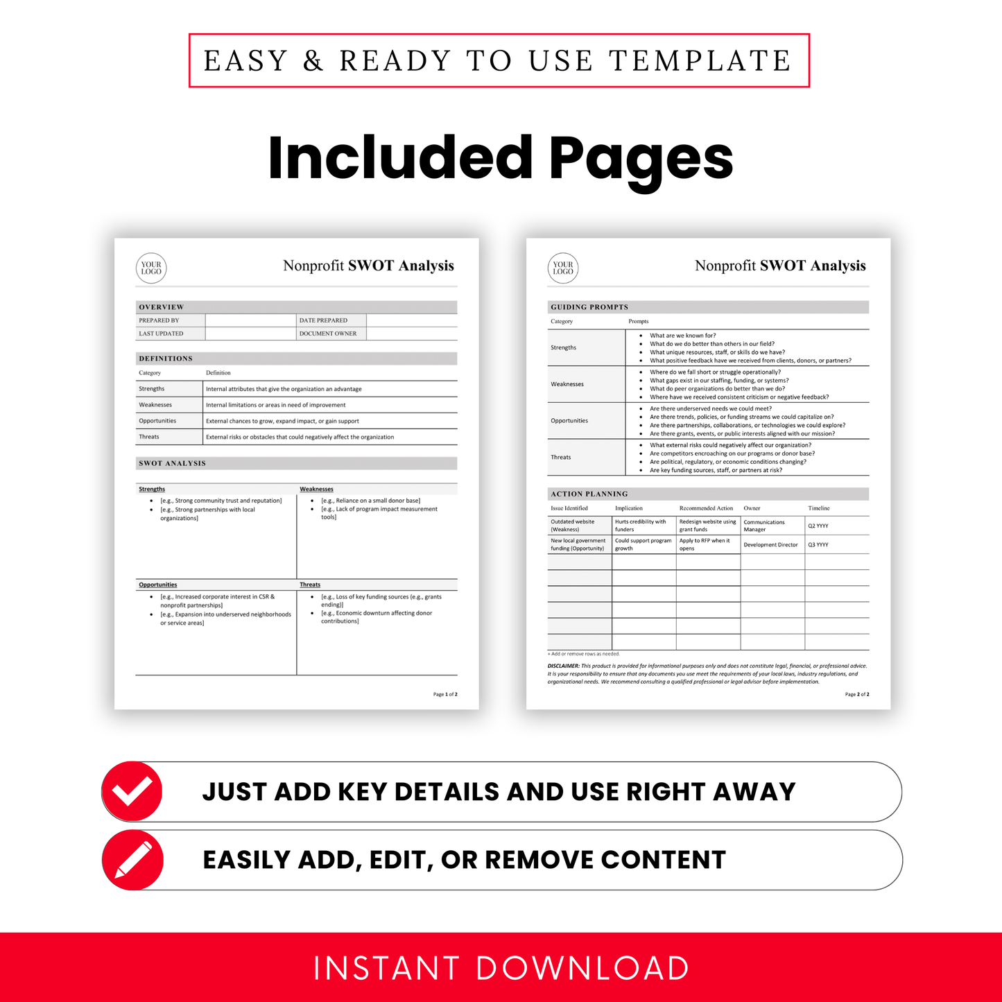 Two-page nonprofit SWOT analysis template layout with overview, definitions, SWOT table, guiding prompts, and action planning sections for organizational strategy development