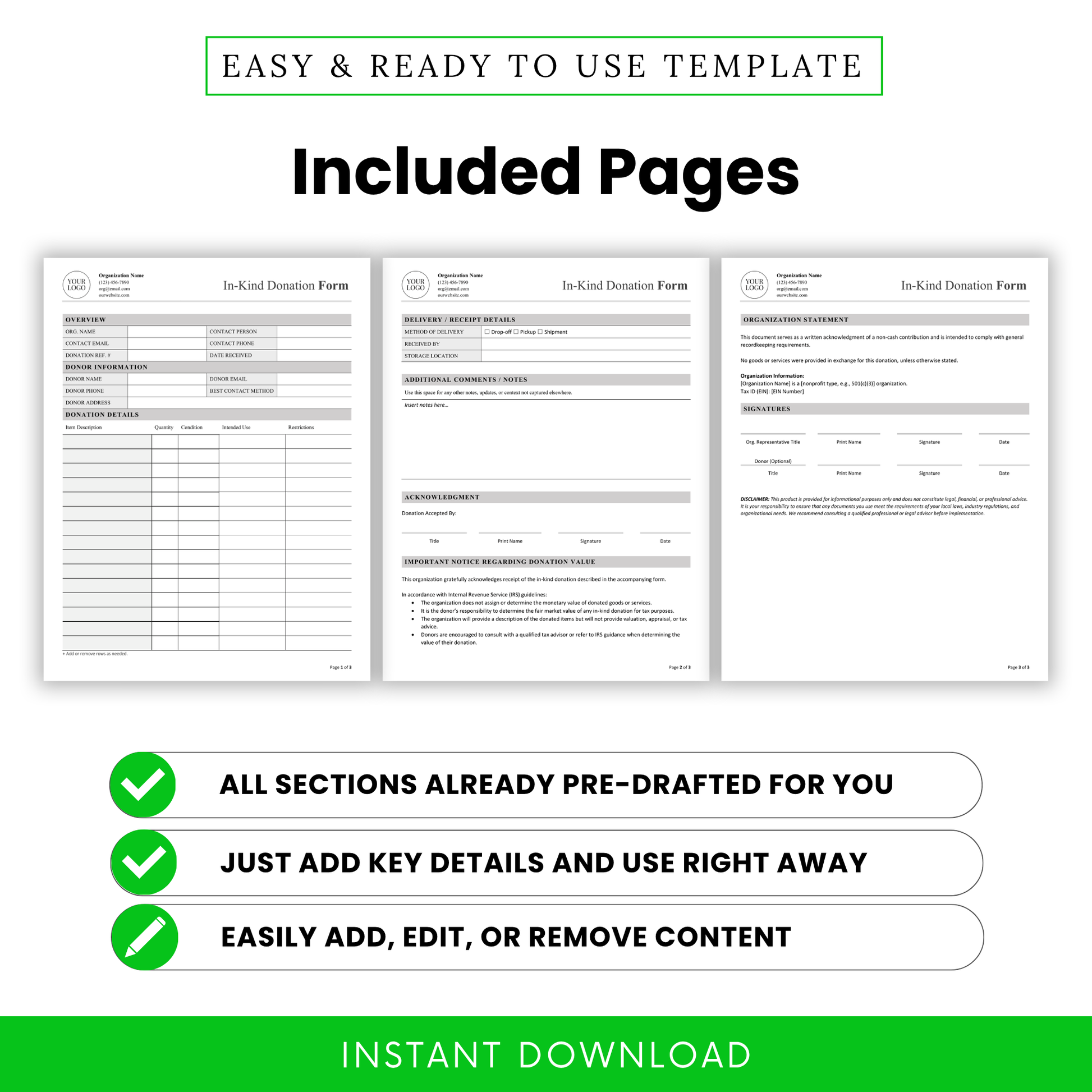 In-Kind Donation Form Template PDF preview displaying all three pages including overview, donation details, and acknowledgment sections. This printable and editable business template helps nonprofits maintain clear documentation and streamline donation tracking workflows.