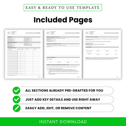 In-Kind Donation Form Template PDF preview displaying all three pages including overview, donation details, and acknowledgment sections. This printable and editable business template helps nonprofits maintain clear documentation and streamline donation tracking workflows.