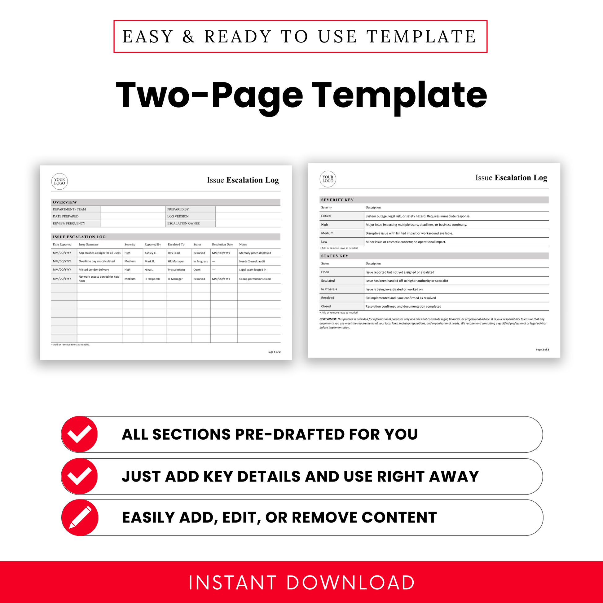 Two page issue escalation log template preview with pre drafted sections, editable table layout for tracking incidents, escalation details and resolution status in professional business format