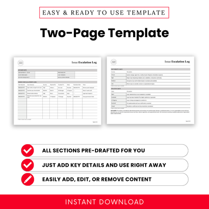 Two page issue escalation log template preview with pre drafted sections, editable table layout for tracking incidents, escalation details and resolution status in professional business format