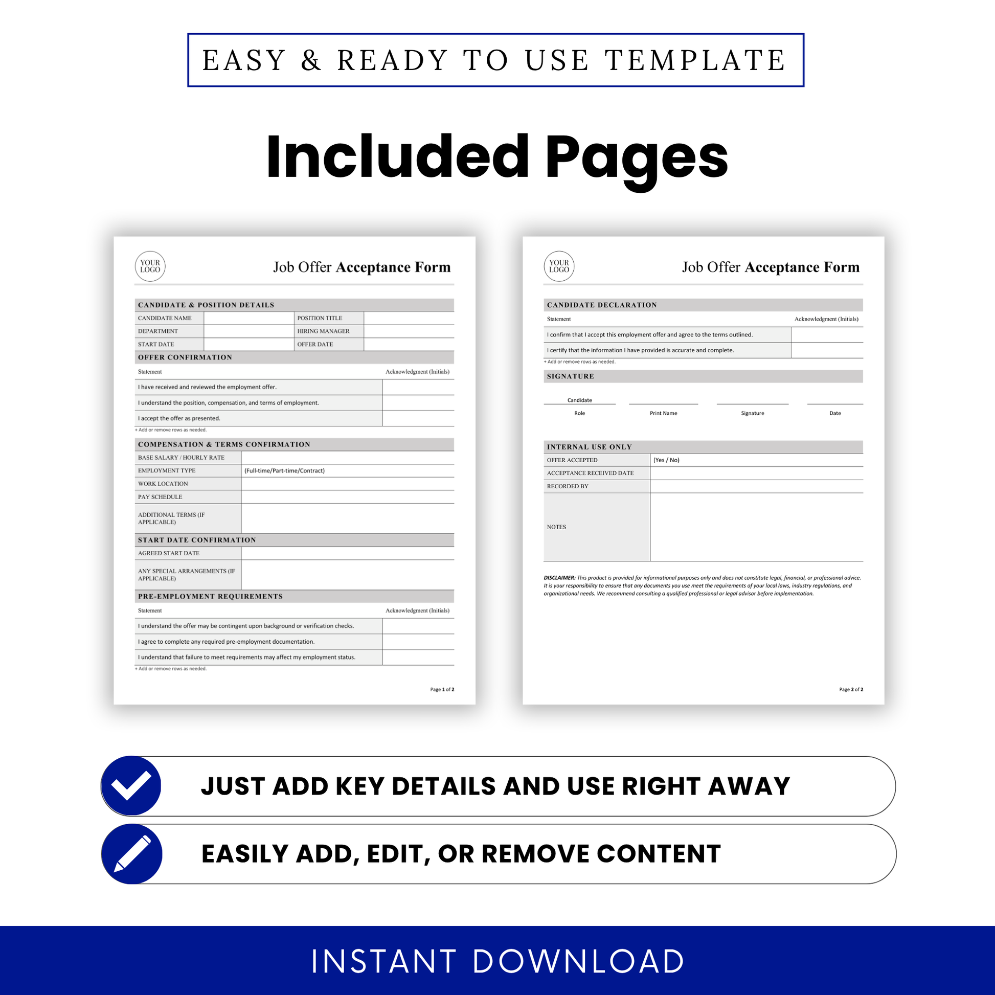 Job Offer Acceptance Form Template Word showing both included pages with structured sections for offer confirmation, compensation, and pre-employment requirements. This printable Job Offer Acceptance Template helps businesses easily manage hiring paperwork and employee onboarding records.