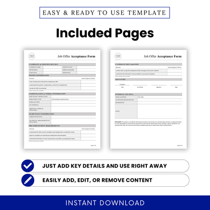 Job Offer Acceptance Form Template Word showing both included pages with structured sections for offer confirmation, compensation, and pre-employment requirements. This printable Job Offer Acceptance Template helps businesses easily manage hiring paperwork and employee onboarding records.