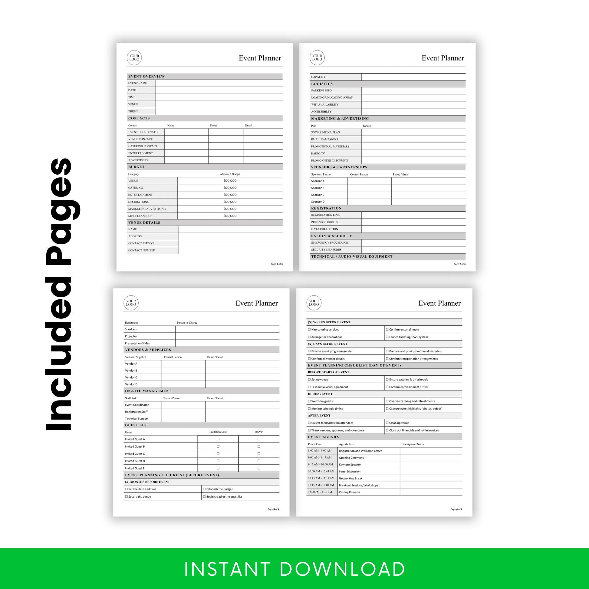 Multi-page event planner template preview with sections for event overview, logistics, marketing, vendors, guest list, checklists, and agenda, printable and editable document for complete event organization