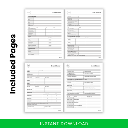 Multi-page event planner template preview with sections for event overview, logistics, marketing, vendors, guest list, checklists, and agenda, printable and editable document for complete event organization