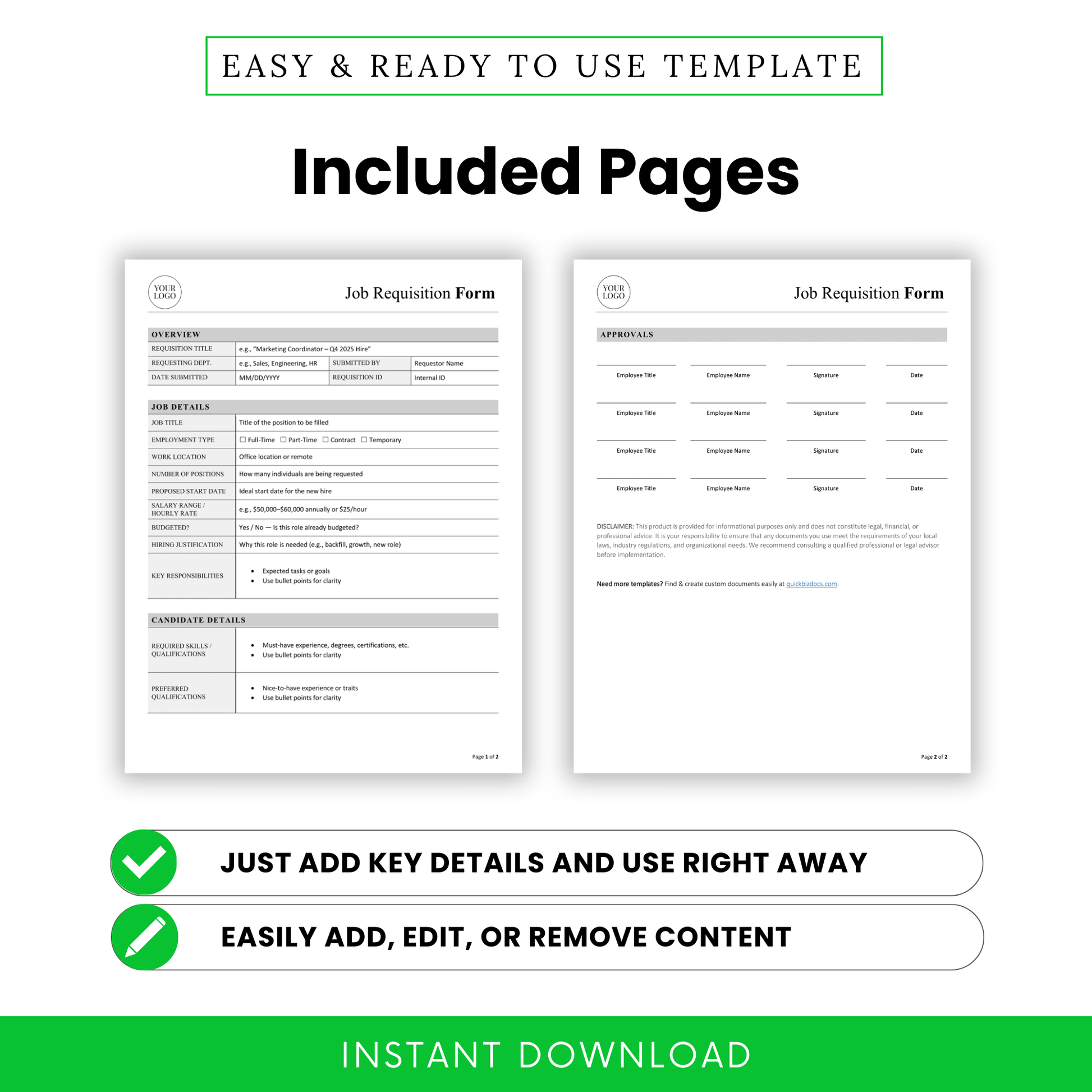 Job requisition form included pages preview, editable HR form template Word and PDF, two-page hiring request document with approvals section, printable business template