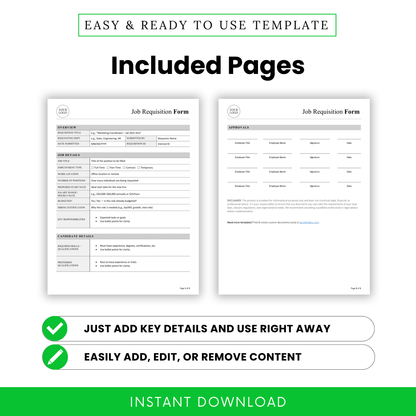 Job requisition form included pages preview, editable HR form template Word and PDF, two-page hiring request document with approvals section, printable business template