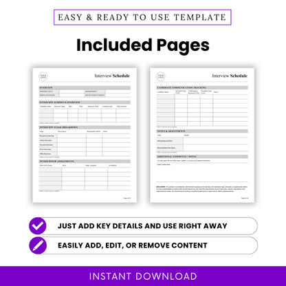 Interview tracker template showing hiring overview, interview schedule table, and candidate tracking pages for recruitment and HR management