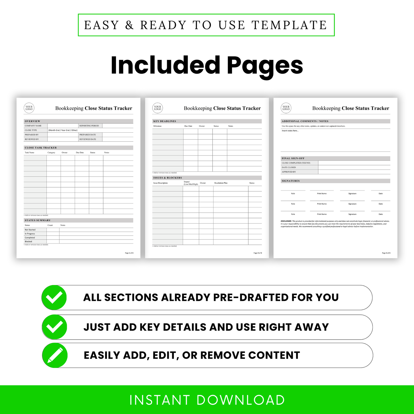 Bookkeeping close status tracker template pages preview showing task tracker, key deadlines, issues and blockers, and final sign off sections for accounting workflow