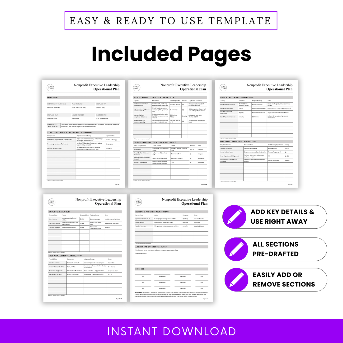 Nonprofit leadership operational plan template pages preview showing overview, strategic goals, compliance, board engagement, coordination, budget, and risk management sections