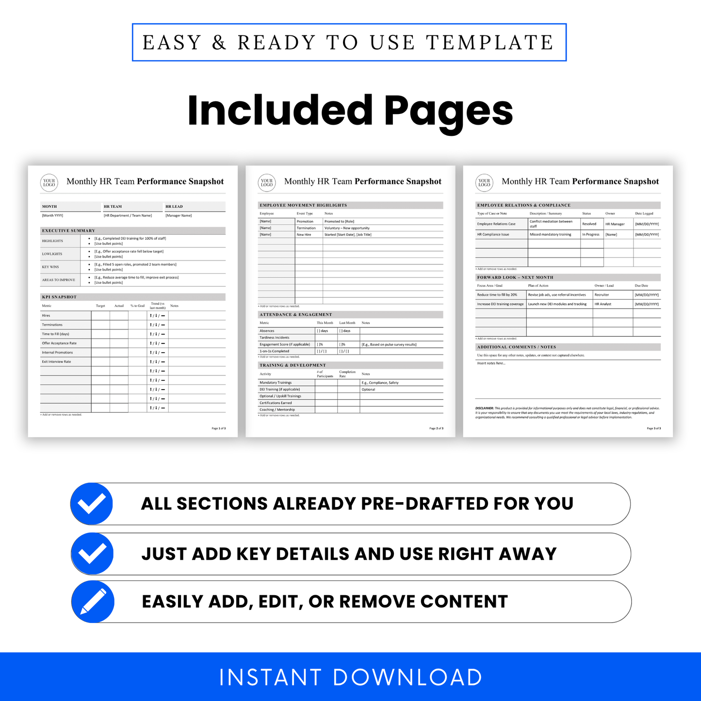 Preview of multi-page HR performance report template including KPI dashboard, employee movement highlights, attendance tracking, and training development sections