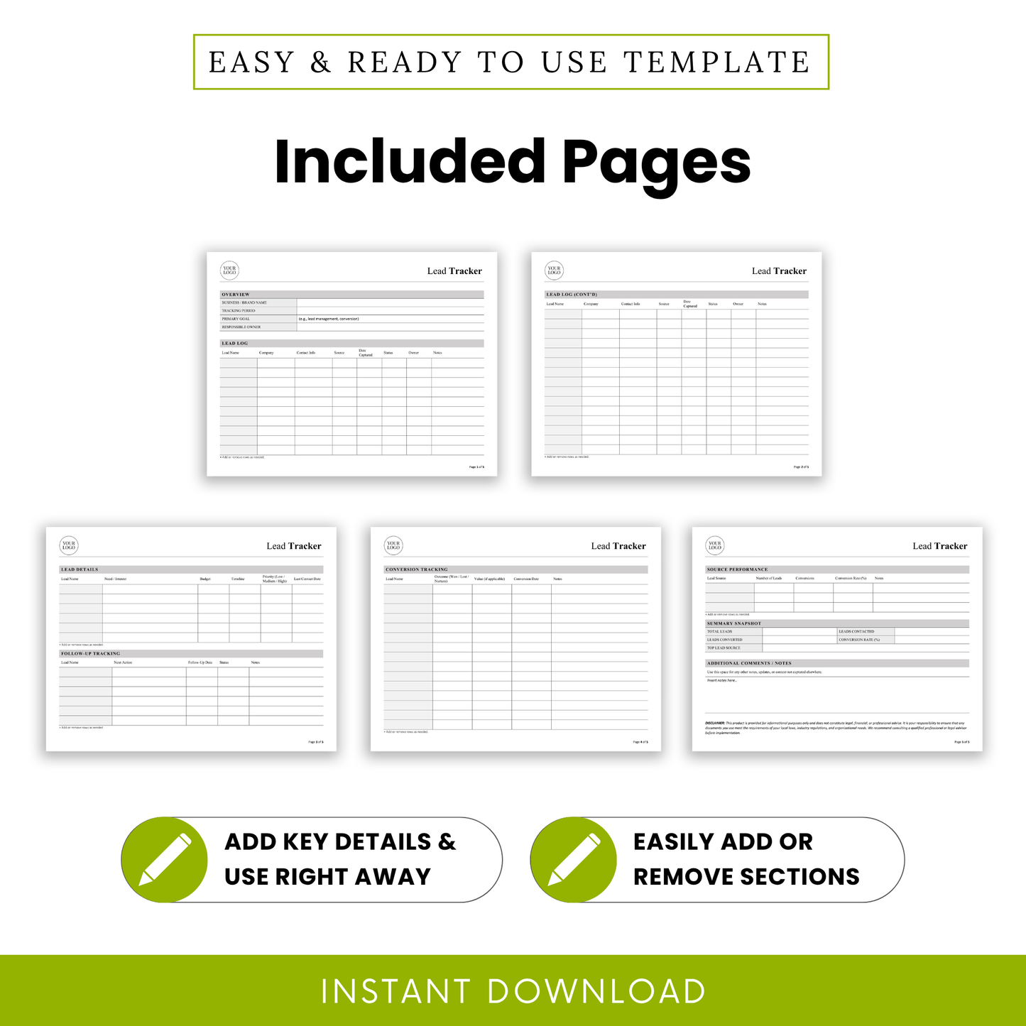 Editable Lead Tracker Template Word displaying all included pages such as lead log, follow-up tracking, and conversion tracking sections. This printable business template helps users visualize the full structure and easily manage client data across multiple stages.