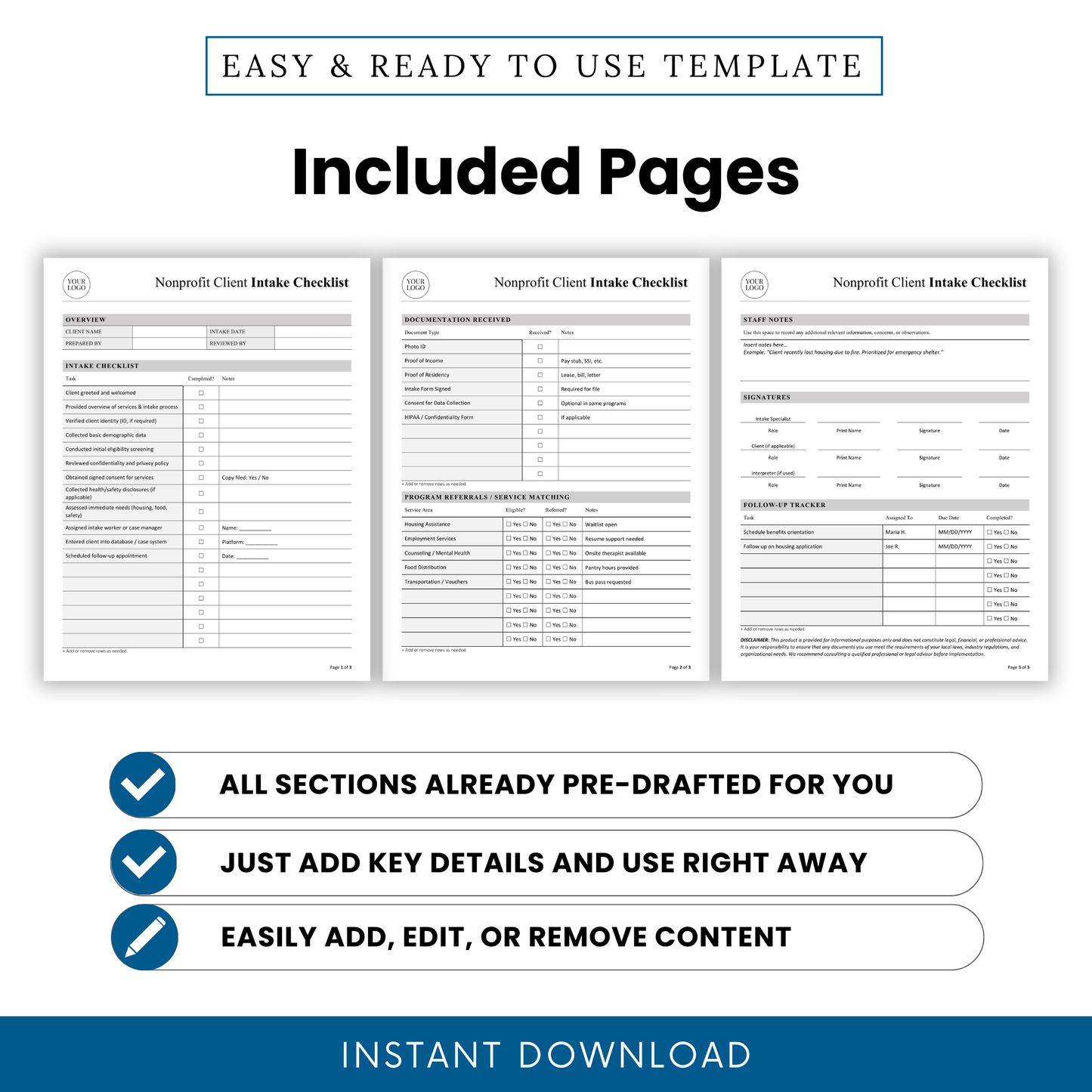 Nonprofit client intake checklist template pages showing intake form, documentation tracker, service matching sheet, staff notes, signatures, and follow-up tracker in clean professional layout