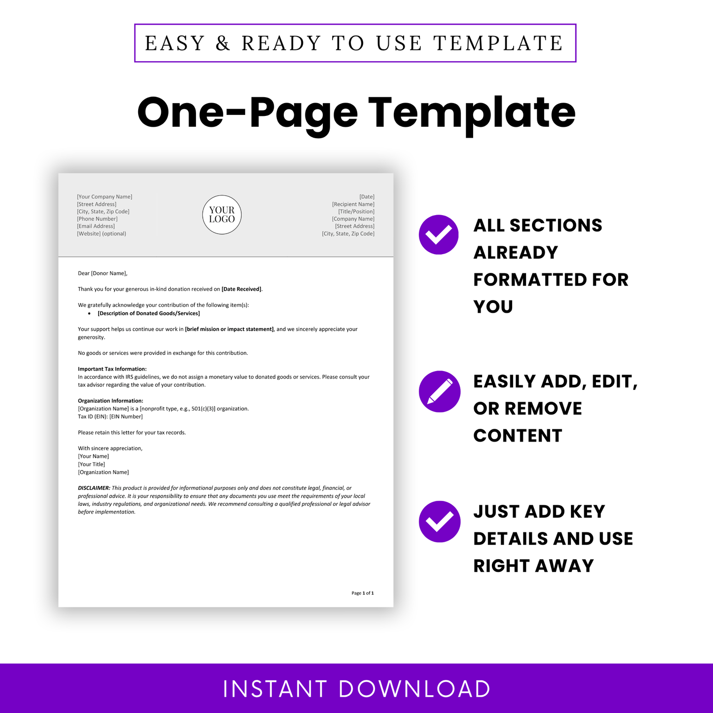 Editable Donation Acknowledgment Letter (In-Kind) Template shown as a clean one-page document layout, perfect for quick customization. This printable business template is ideal for nonprofits, teams, and managers needing a ready-to-use donor acknowledgment letter in Word or PDF format.
