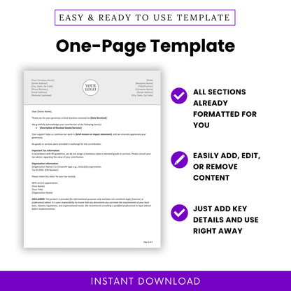 Editable Donation Acknowledgment Letter (In-Kind) Template shown as a clean one-page document layout, perfect for quick customization. This printable business template is ideal for nonprofits, teams, and managers needing a ready-to-use donor acknowledgment letter in Word or PDF format.