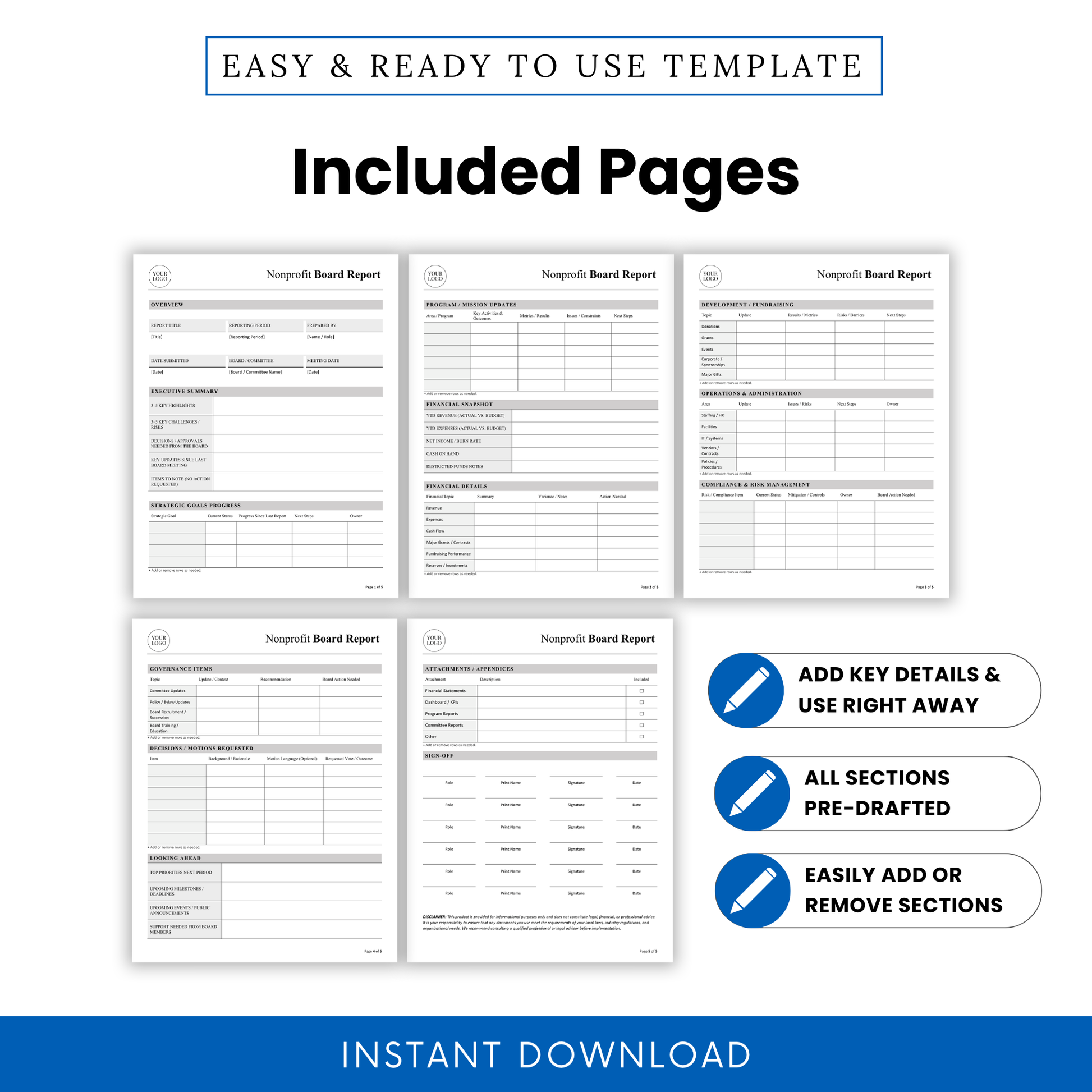 Nonprofit board report template included pages preview showing five pre-drafted report pages with sections for executive summary, financial details, mission updates, fundraising, governance, compliance, attachments, and sign-off, ideal for nonprofit board meeting documentation
