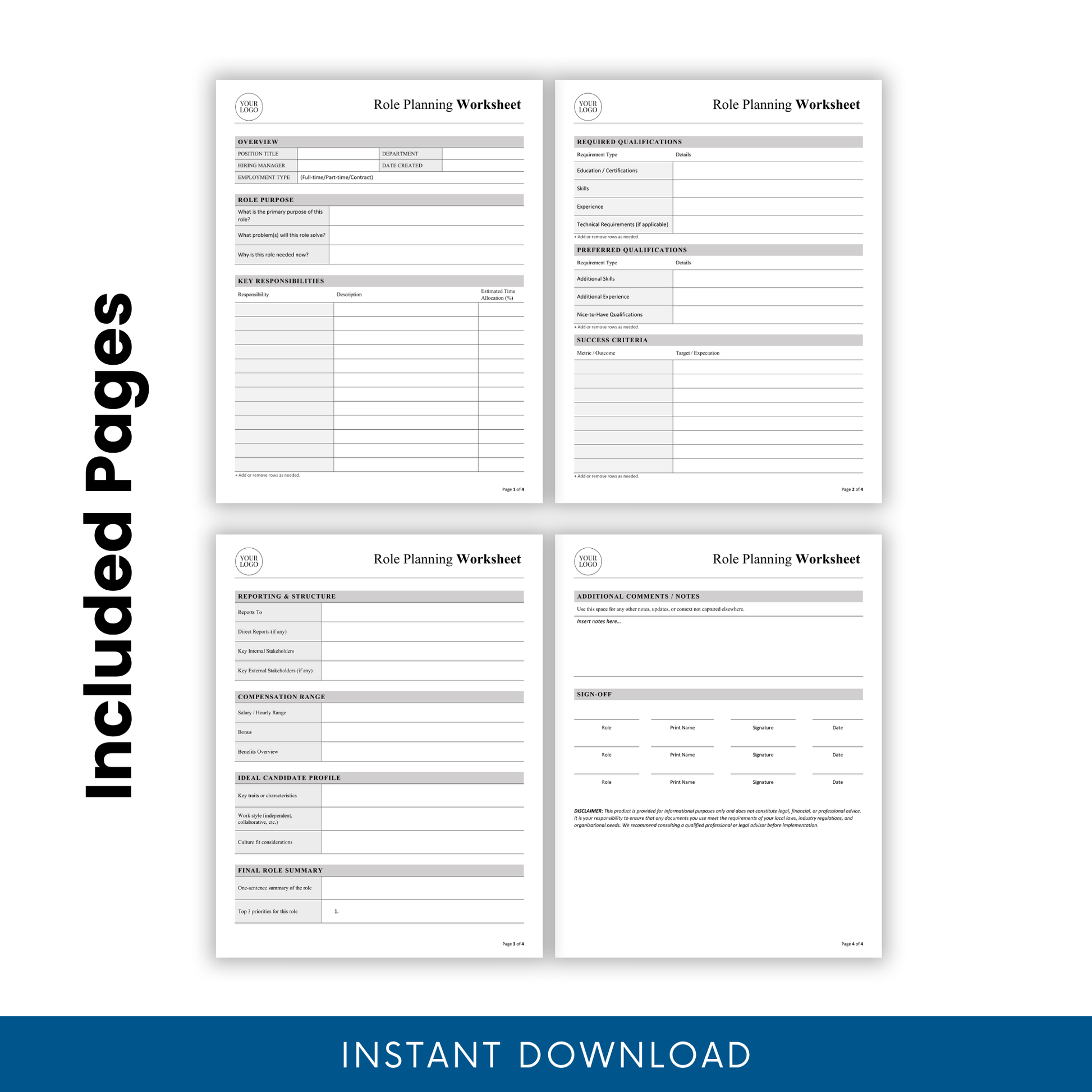 Role planning worksheet multi-page preview showing overview, responsibilities, qualifications, reporting structure, and sign-off sections for HR and hiring managers